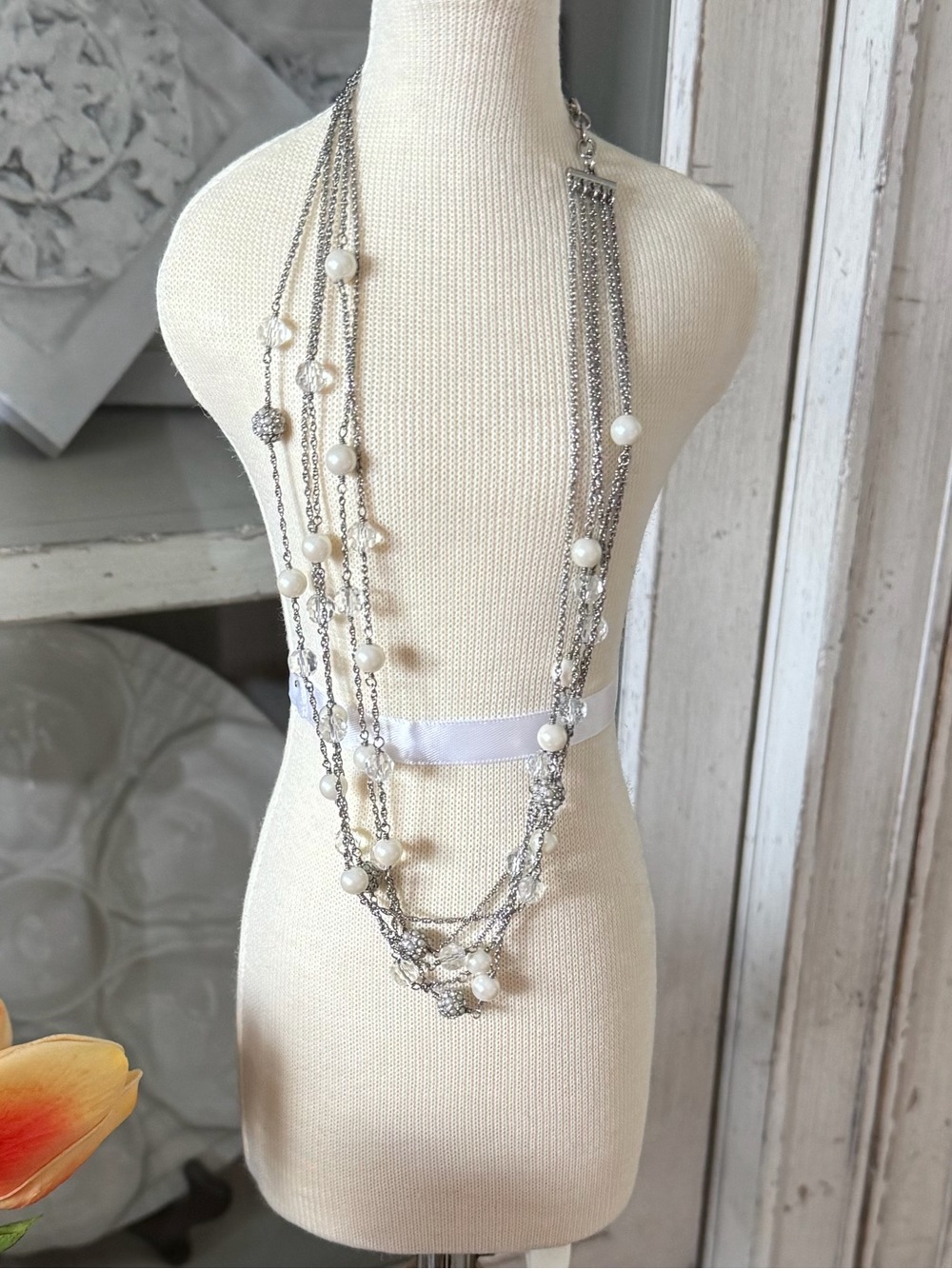 Silver Multi-Strand Pearl Accent Necklace